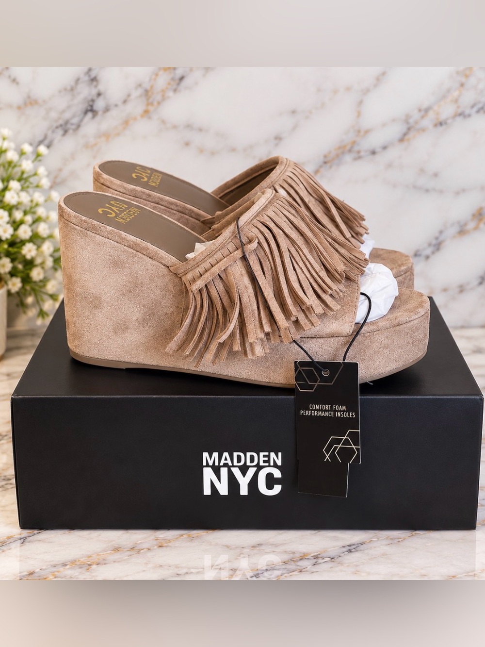 Madden NYC Women's Fringe Platform Wedge Sandal - Taupe Size 7